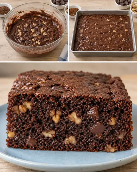 Chokladkaka i långpanna med kaffe och valnötter — mörk choklad
