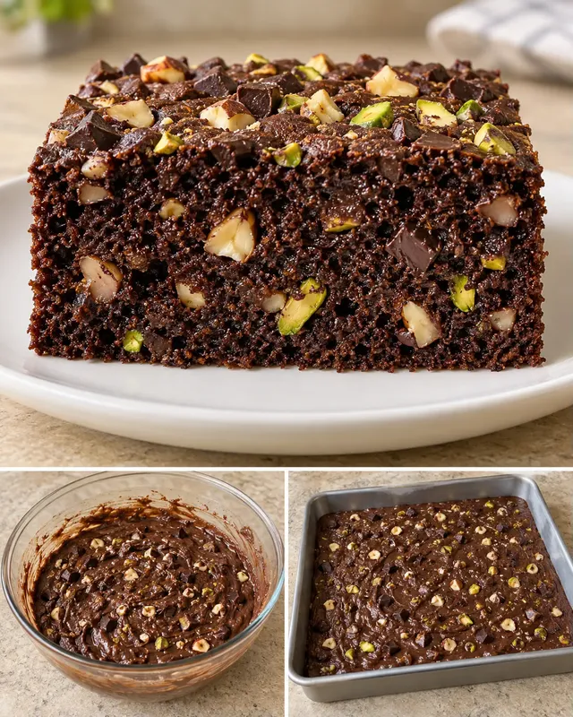 Chokladkaka i långpanna med choklad och hasselnötter — pistagenötter