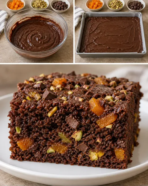 Chokladkaka i långpanna med aprikoser och pistagenötter — mörk choklad