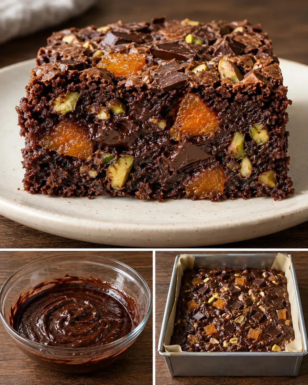 Brownies med aprikoser och pistagenötter — mörk choklad