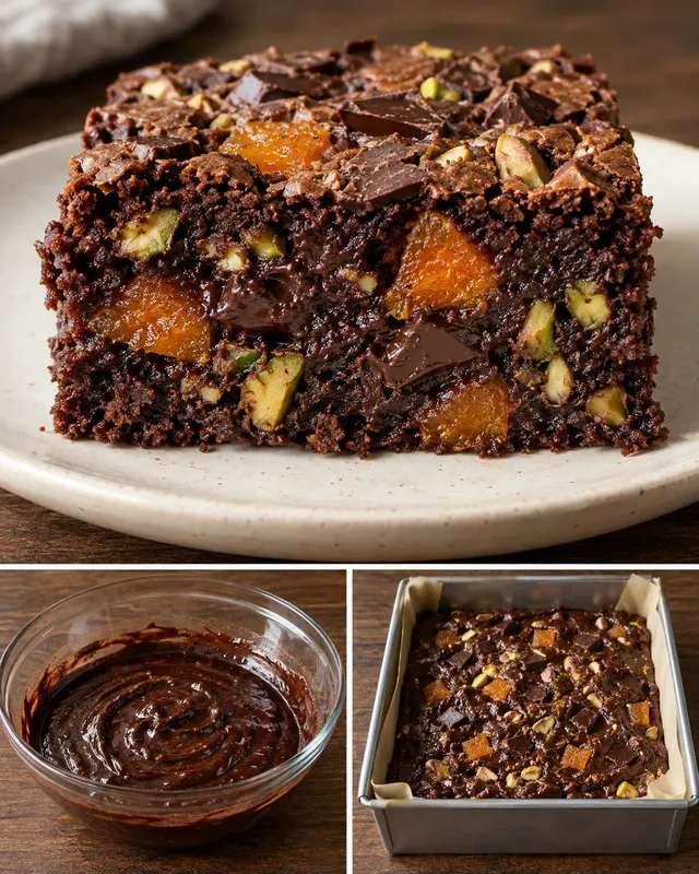 Brownies med aprikoser och pistagenötter — mörk choklad