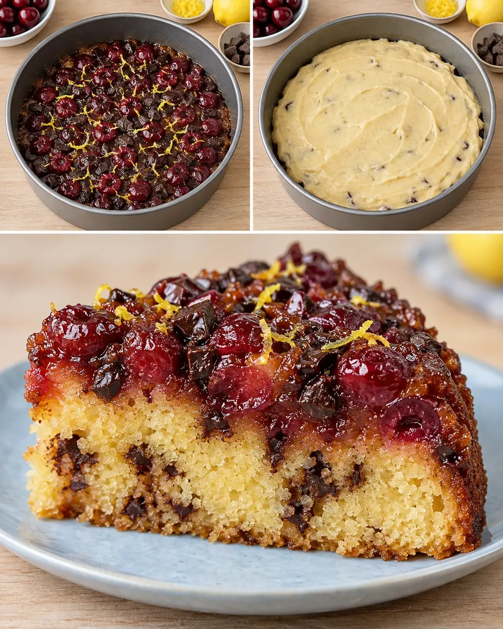 Upp-och-ned-kaka med körsbär och citron — mörk choklad