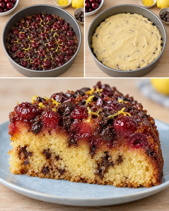 Upp-och-ned-kaka med körsbär och citron — mörk choklad