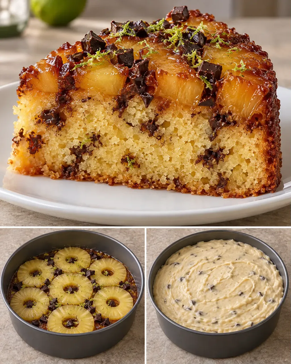 Upp-och-ned-kaka med ananas och lime — mörk choklad