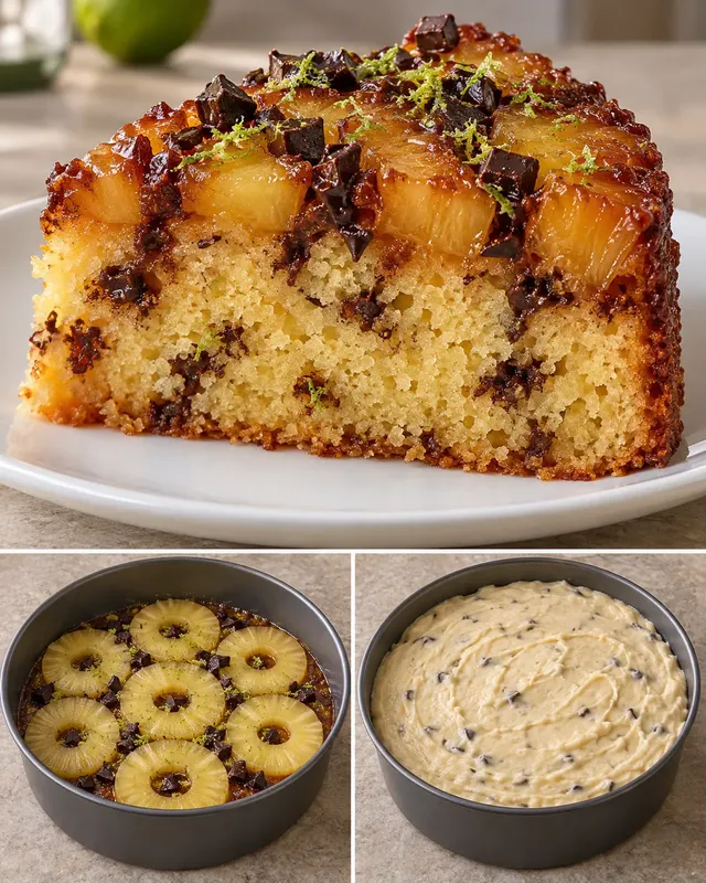 Upp-och-ned-kaka med ananas och lime — mörk choklad