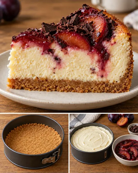 Ugnsbakad cheesecake med plommon och vanilj — mörk choklad