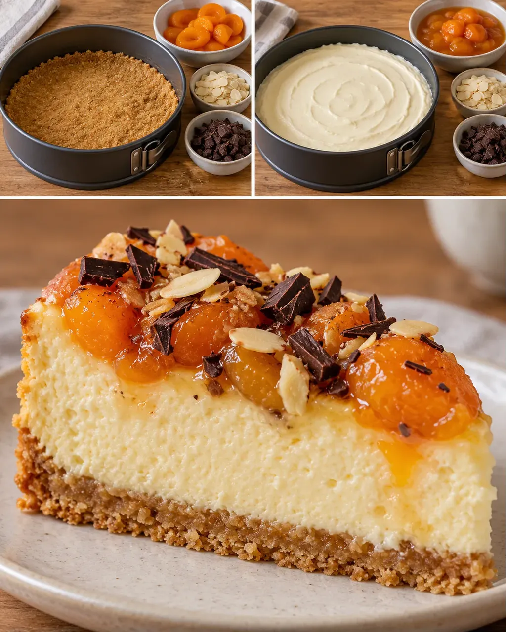Ugnsbakad cheesecake med aprikoser och mandel — mörk choklad