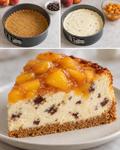 Ugnsbakad cheesecake med persikor och vanilj — mörk choklad