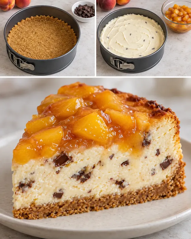Ugnsbakad cheesecake med persikor och vanilj — mörk choklad