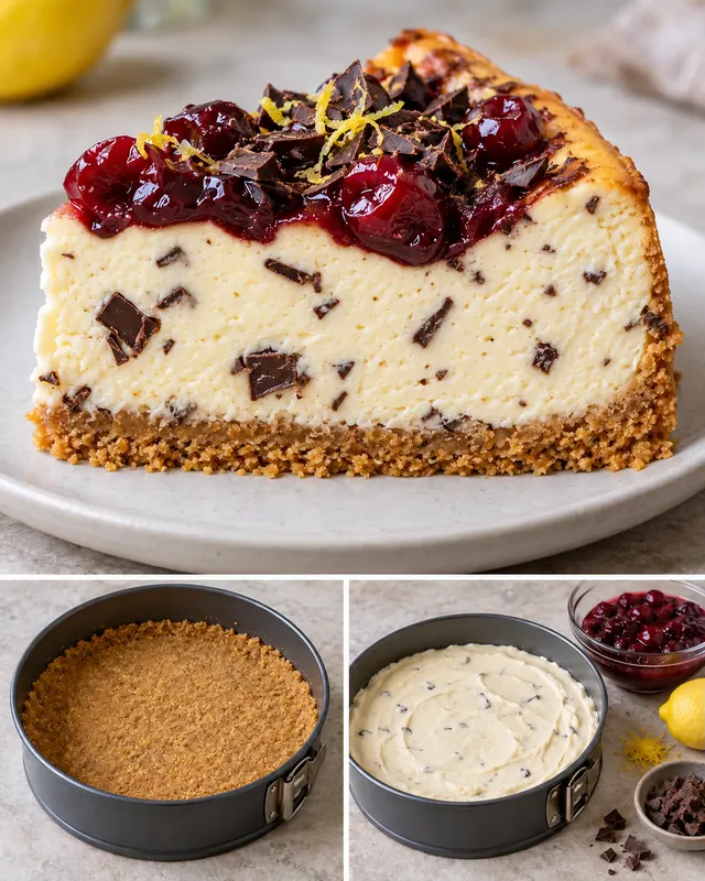 Ugnsbakad cheesecake med körsbär och citron — mörk choklad