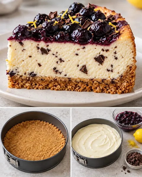 Ugnsbakad cheesecake med blåbär och citron — mörk choklad