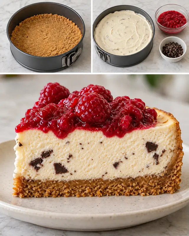 Ugnsbakad cheesecake med hallon och vanilj — mörk choklad