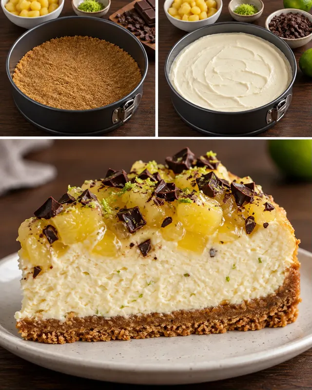 Ugnsbakad cheesecake med ananas och lime — mörk choklad