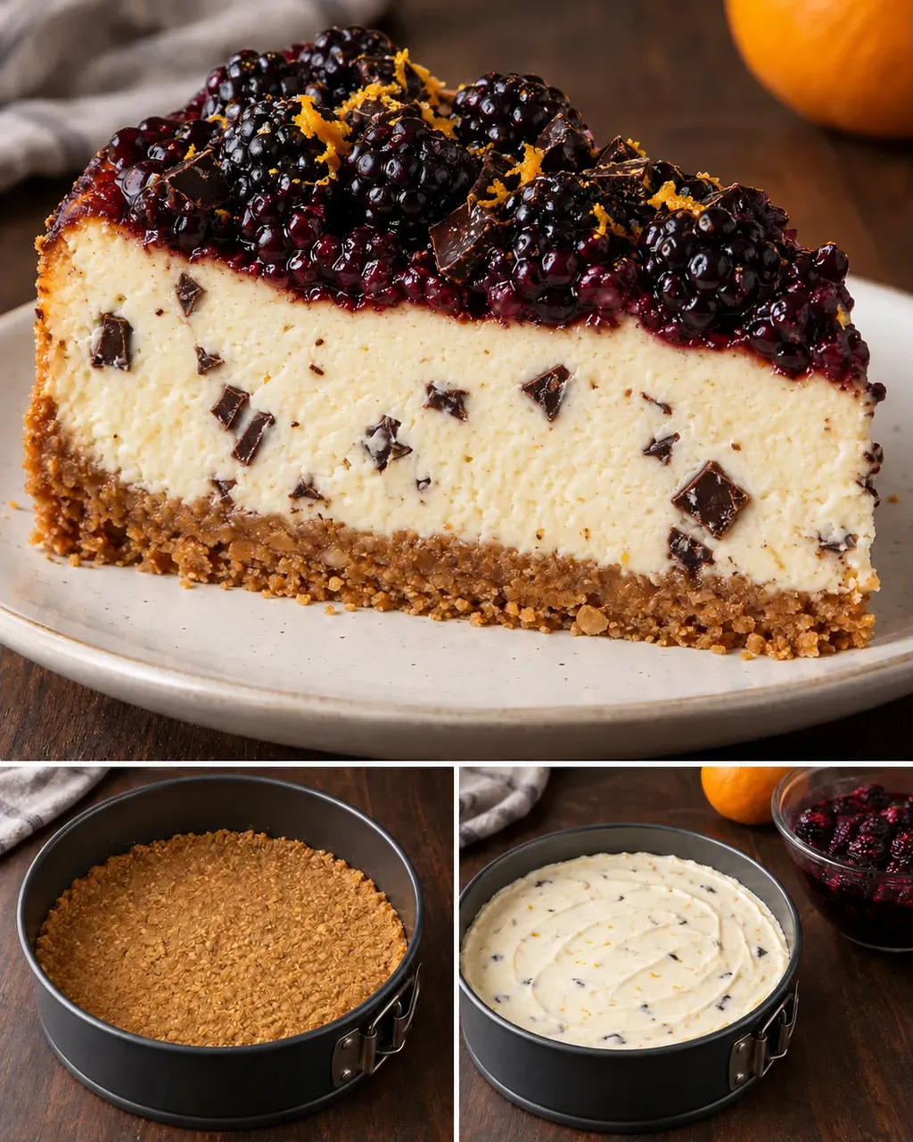 Ugnsbakad cheesecake med björnbär och apelsin — mörk choklad