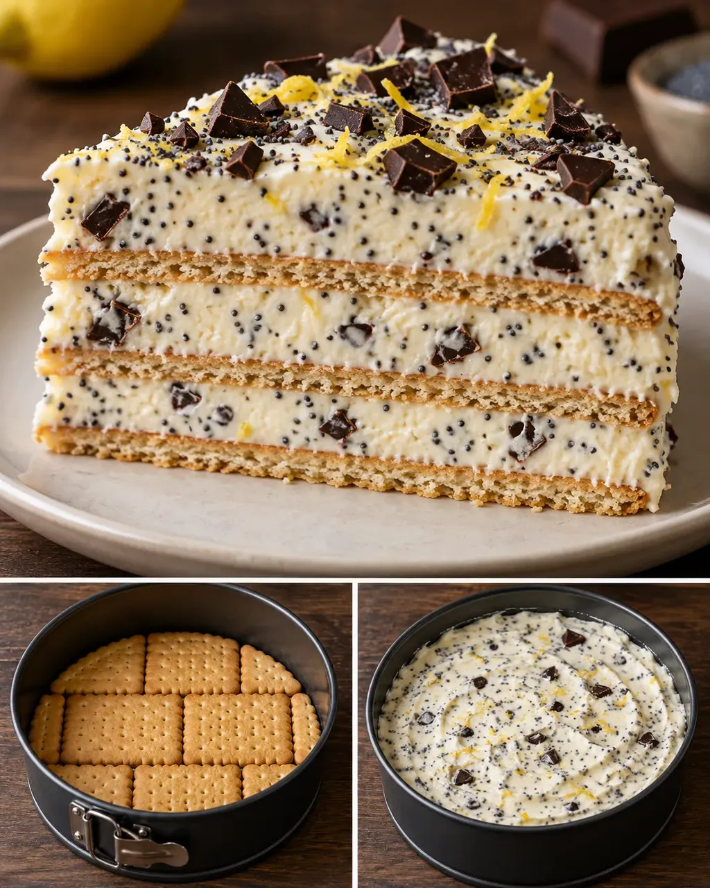 Kexkaka utan ugn med citron och vallmofrön — mörk choklad