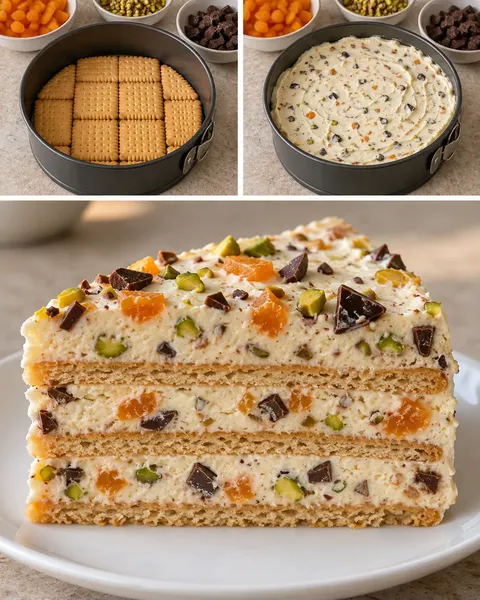 Kexkaka utan ugn med aprikoser och pistagenötter — mörk choklad