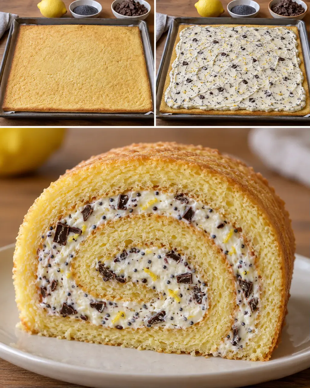 Rulltårta med citron och vallmofrön — mörk choklad