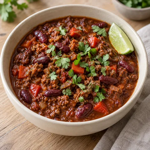 Chili con carne med kidneybönor, mörk choklad, koriander och lime