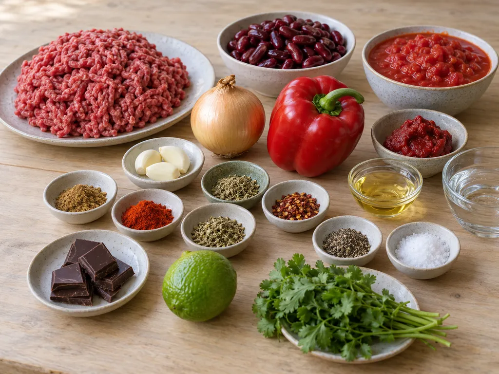 Nötfärs, kidneybönor, tomater, paprika, kryddor, mörk choklad, lime och koriander
