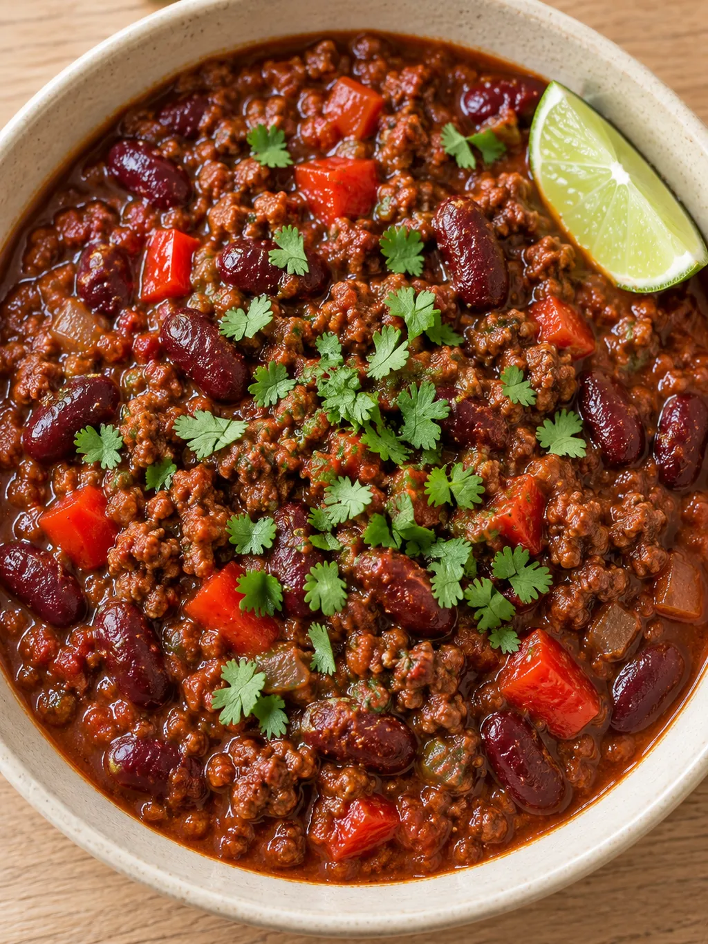 Mustig chili con carne med hela kidneybönor, koriander och en limeklyfta