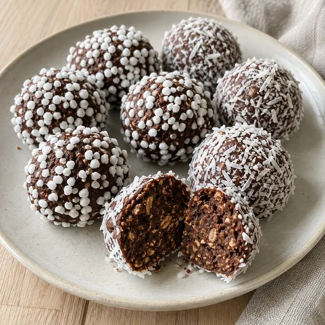 Chokladbollar med pärlsocker och kokos på ett ljust fat, med en boll delad