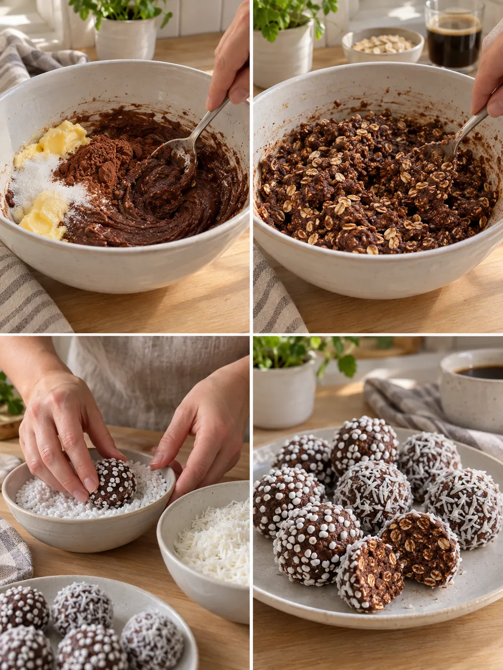 Chokladbollar från blandad kakaosmet till rullning och färdigt fat