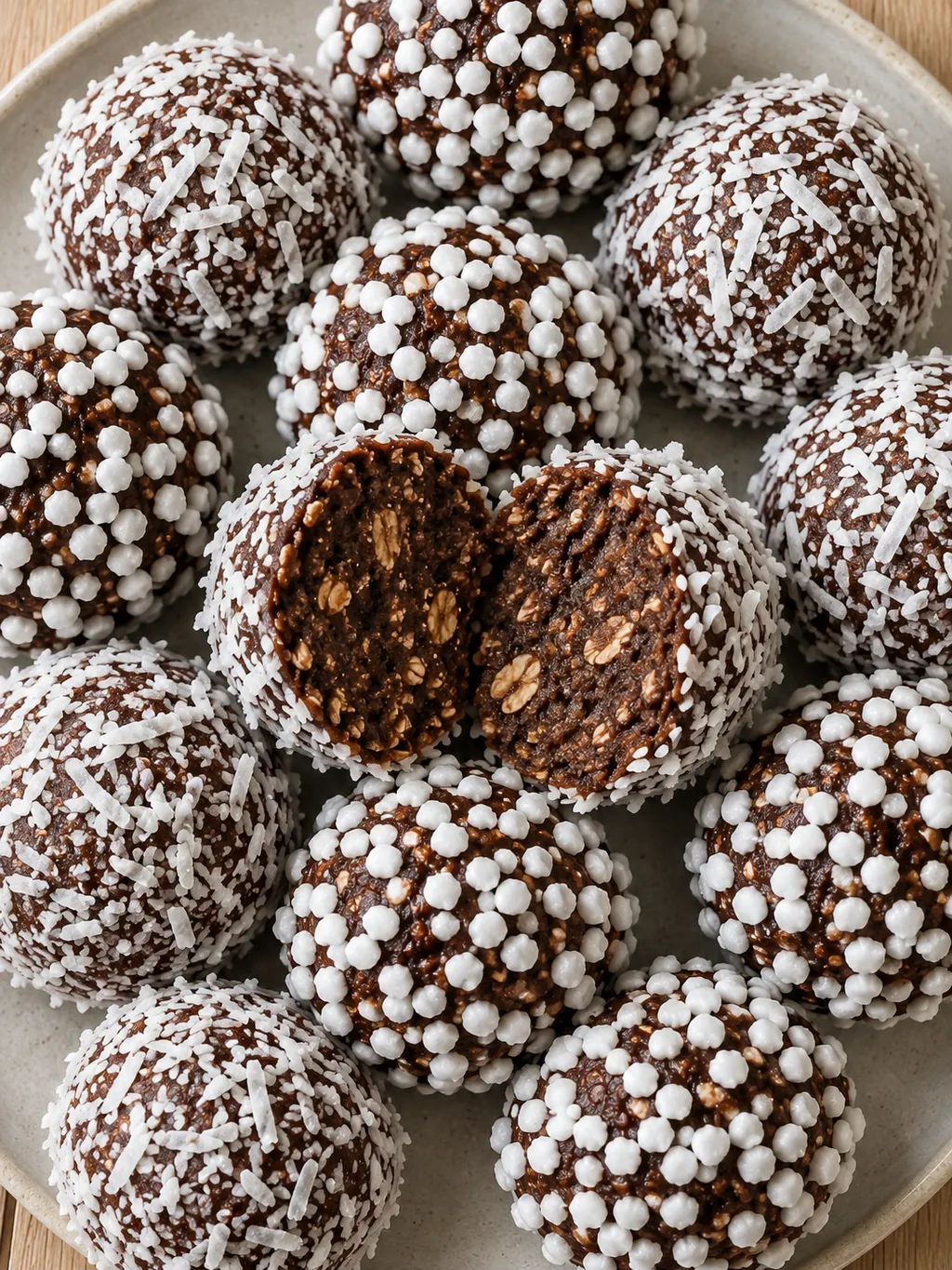 Chokladbollar med vita pärlsockerkorn och riven kokos, sedda ovanifrån