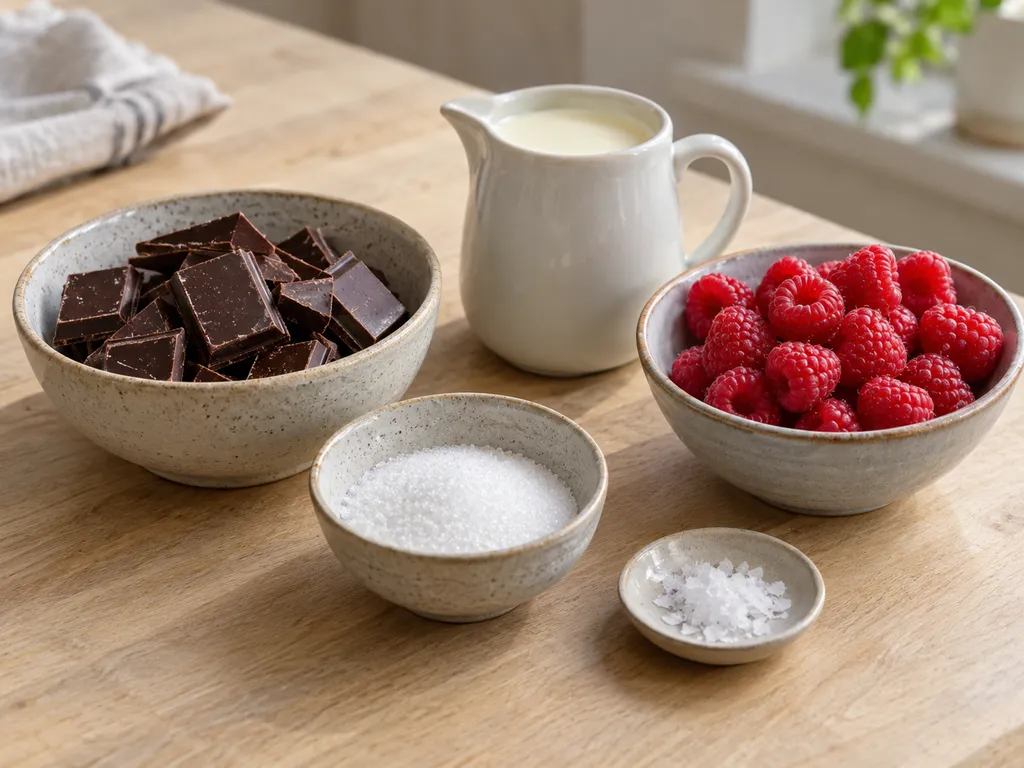 Mörk choklad, vispgrädde, socker, hallon och flingsalt till chokladmousse