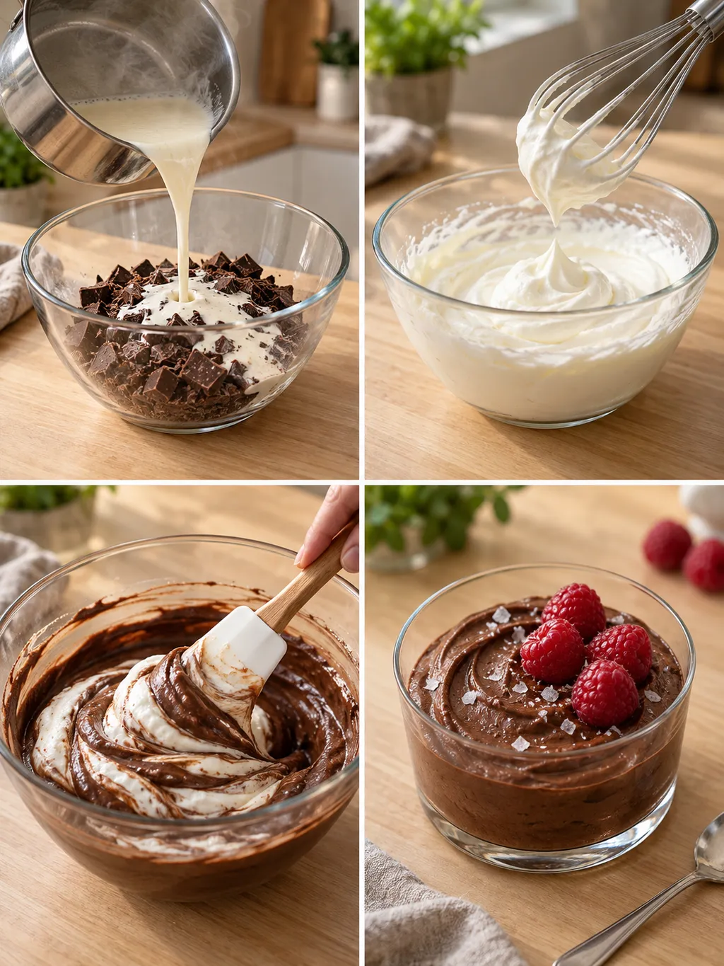 Chokladbas, lättvispad grädde och färdig chokladmousse med hallon och flingsalt