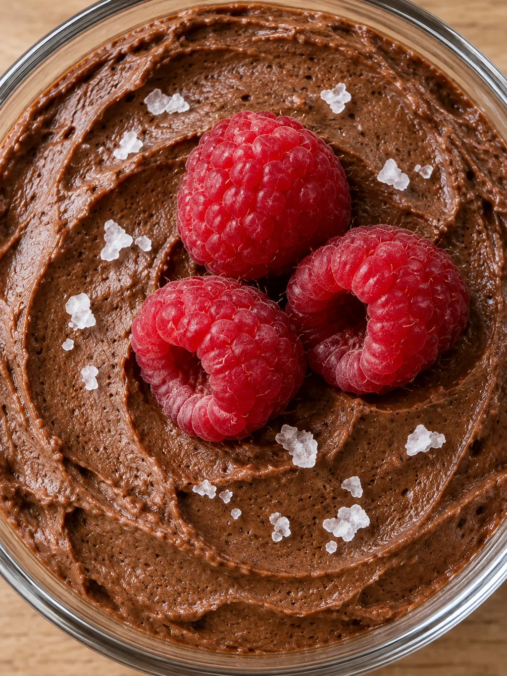Chokladmousse med röda hallon och vita saltflingor på den mörka ytan