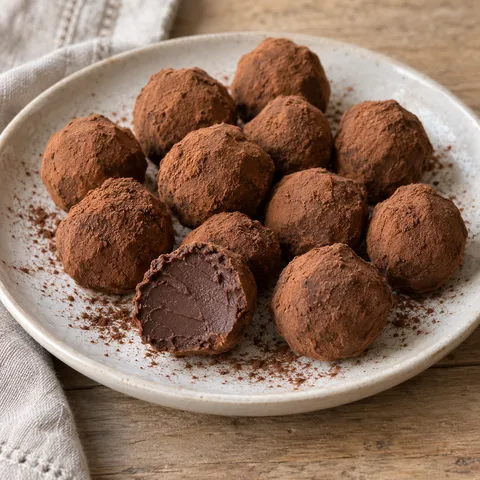 Kakaorullade chokladtryfflar på ett ljust fat med en delad tryffel som visar kärnan