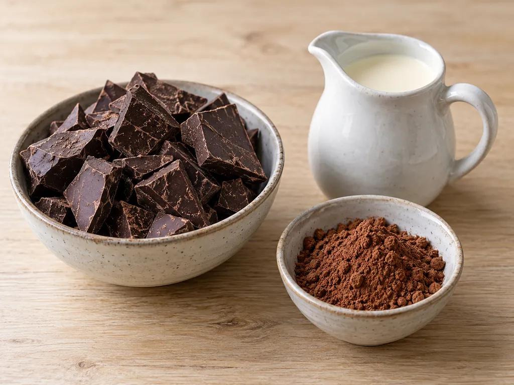 Mörk choklad, flytande vispgrädde och osötad kakao i tre separata kärl