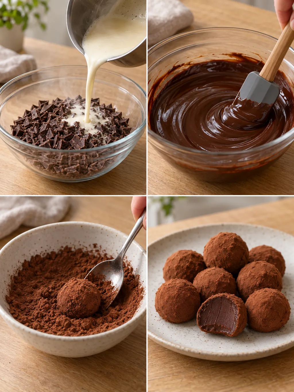 Chokladtryfflar från grädde över hackad choklad till rullning i kakao och färdigt fat