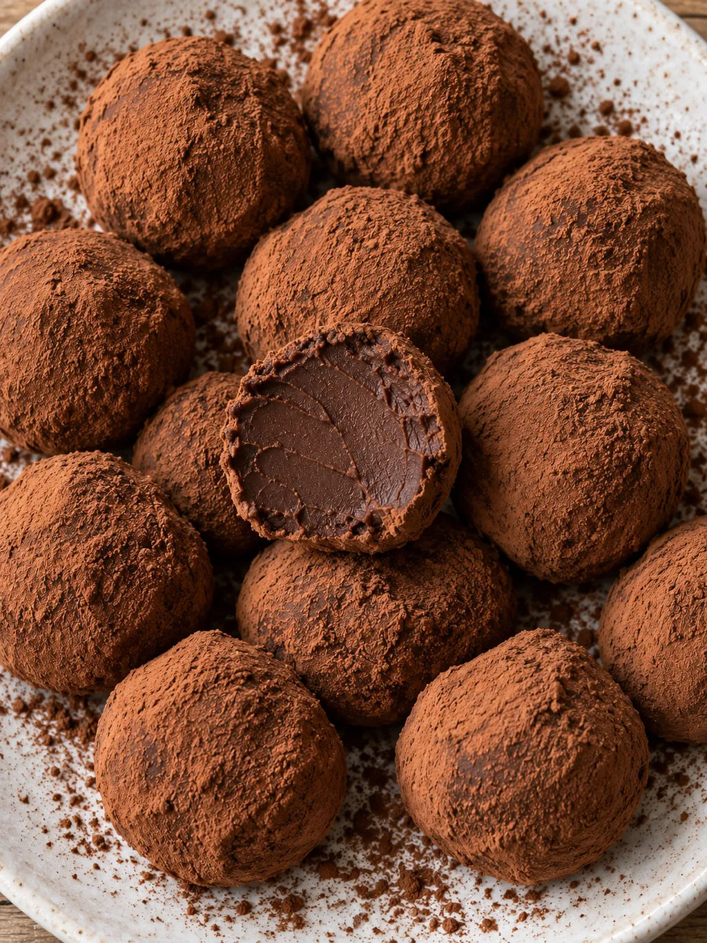 Mörka chokladtryfflar med tunt kakaotäcke och en delad tryffel på ett ljust fat