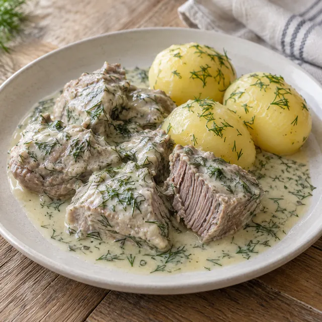 Dillkött i ljus syrlig dillsås med kokt potatis på en keramiktallrik