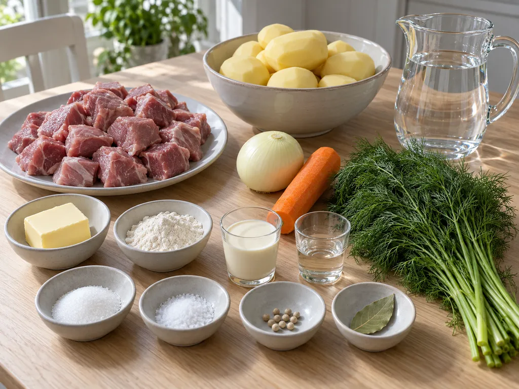 Kalvbog, dill, potatis, lök och övriga råvaror till dillkött med dillsås