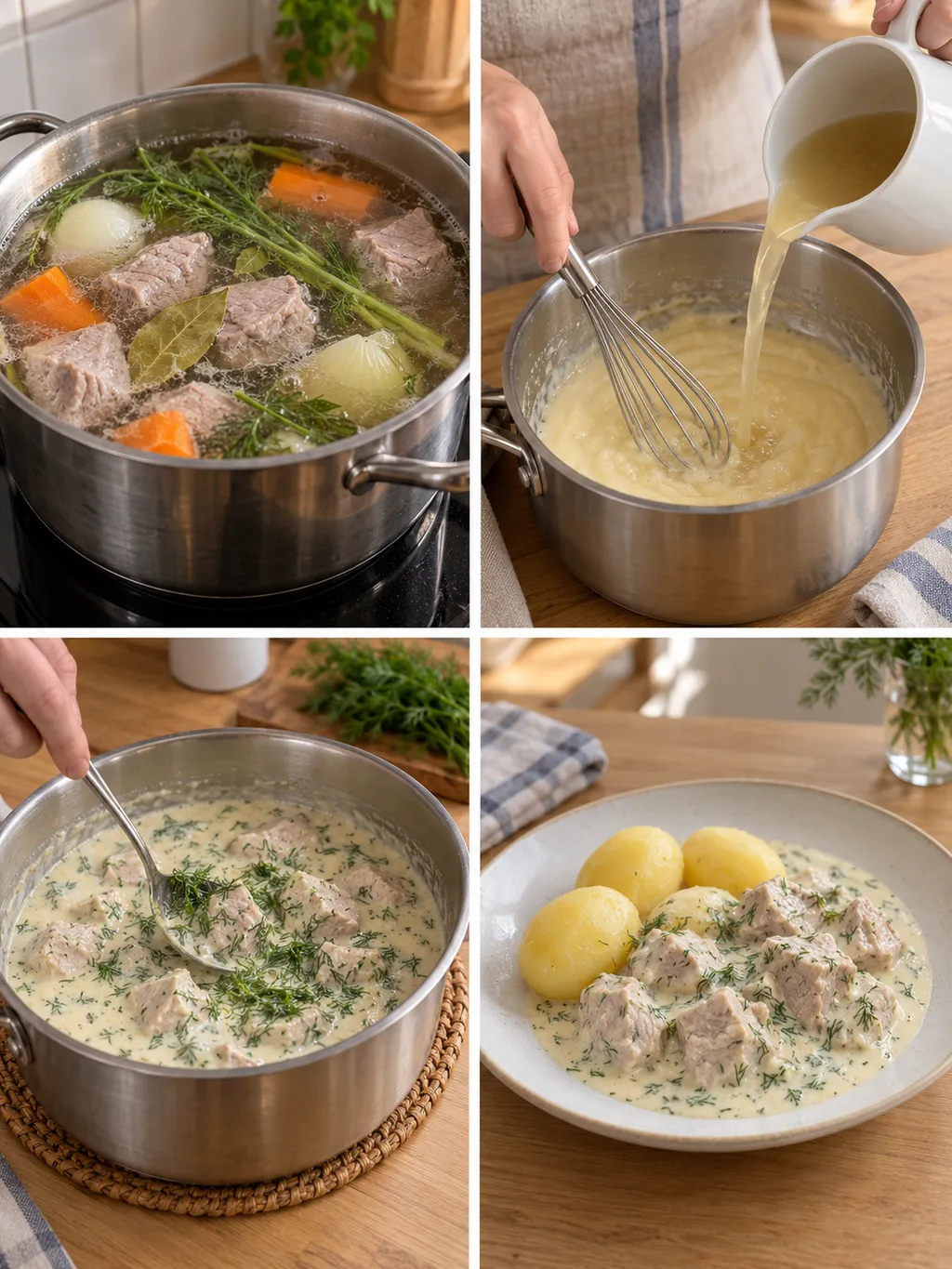 Kalvkött sjuds, såsen reds och dill tillsätts före servering med kokt potatis
