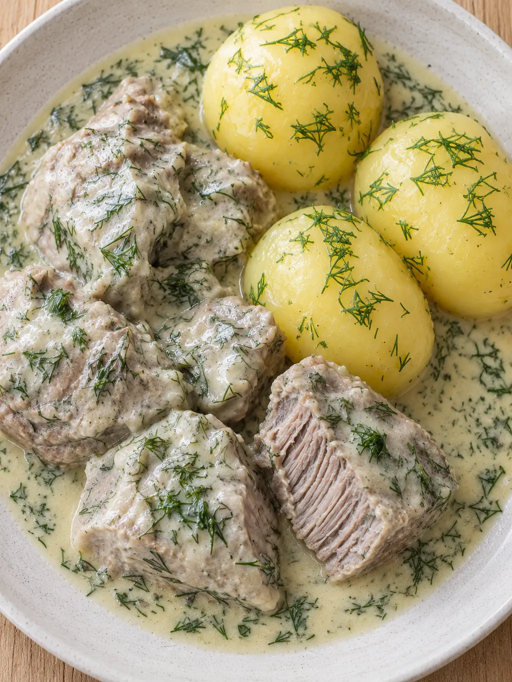 Mört dillkött med gräddvit dillsås och hela kokta potatisar