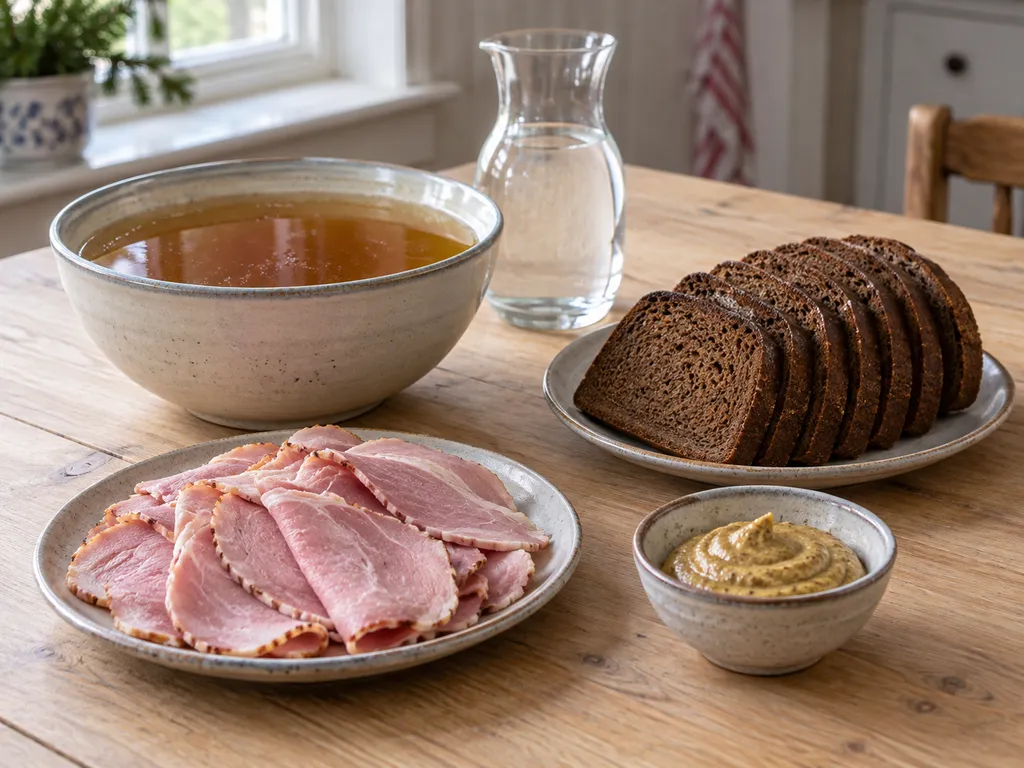 Skinkspad, vatten, åtta skivor vörtbröd, kokt julskinka och senap