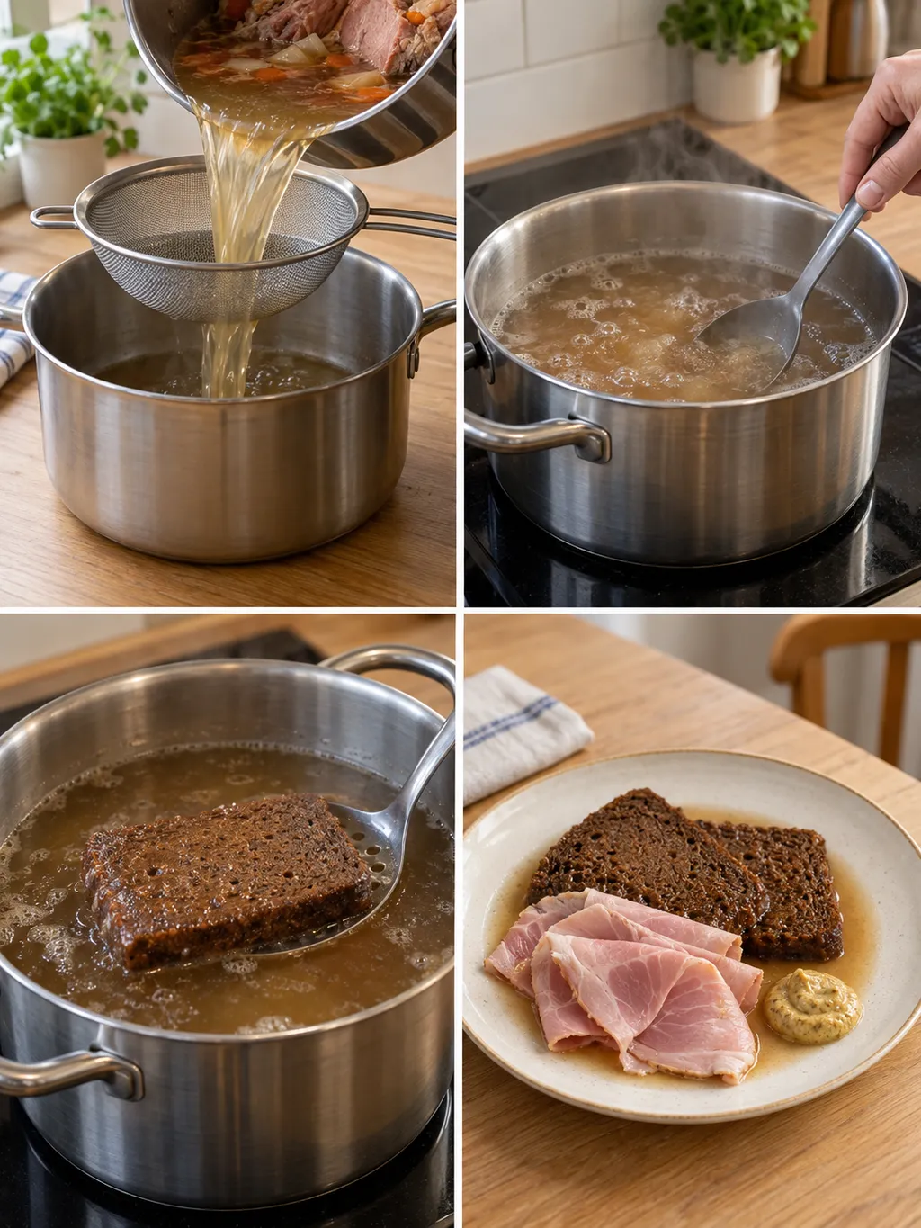 Skinkspad silas och värms, vörtbröd doppas och serveras med skinka och senap