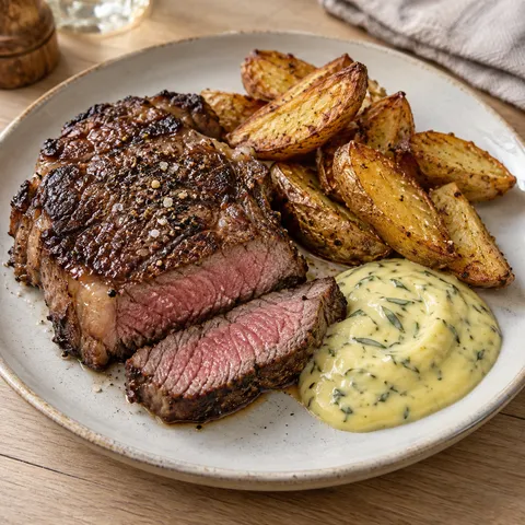 Brynt entrecôte med dragonprickig bearnaisesås och gyllene potatisklyftor