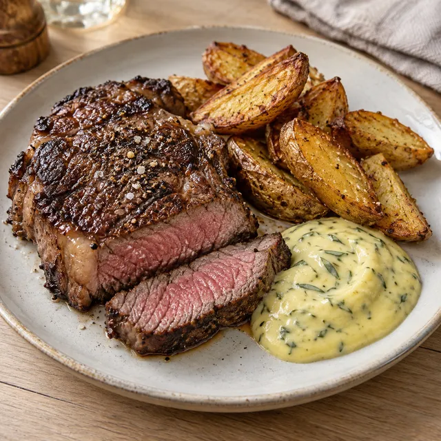 Brynt entrecôte med dragonprickig bearnaisesås och gyllene potatisklyftor