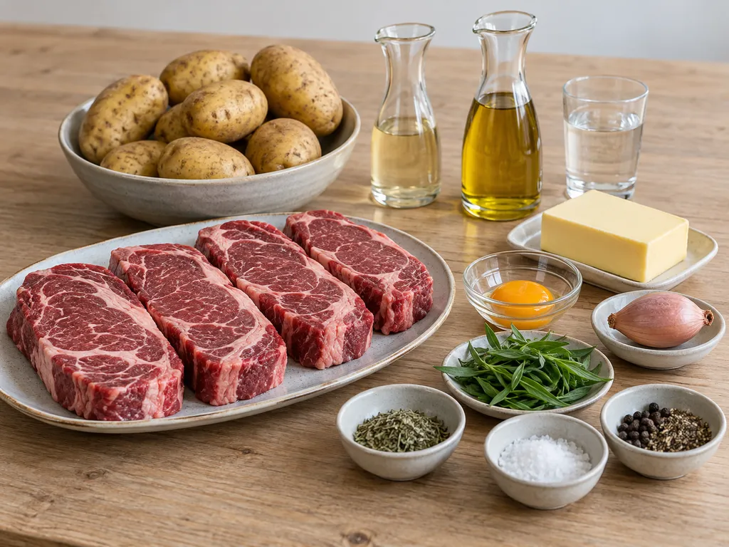 Entrecôte, potatis, smör, äggula, dragon och övriga råvaror till middagen