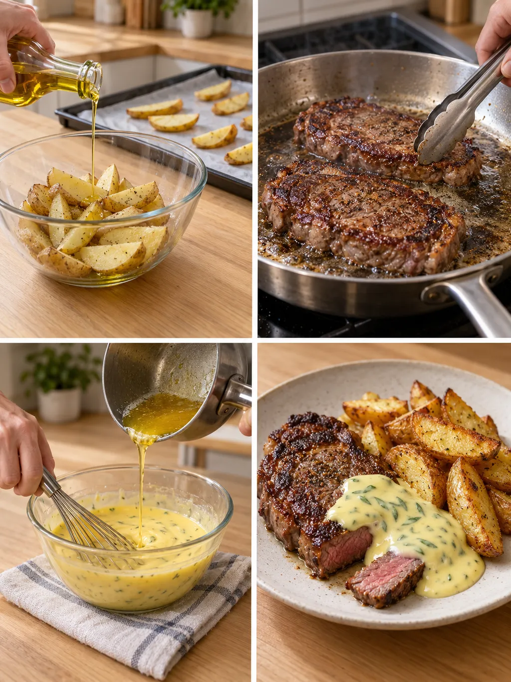 Potatisklyftor förbereds, entrecôte steks och bearnaise vispas före servering