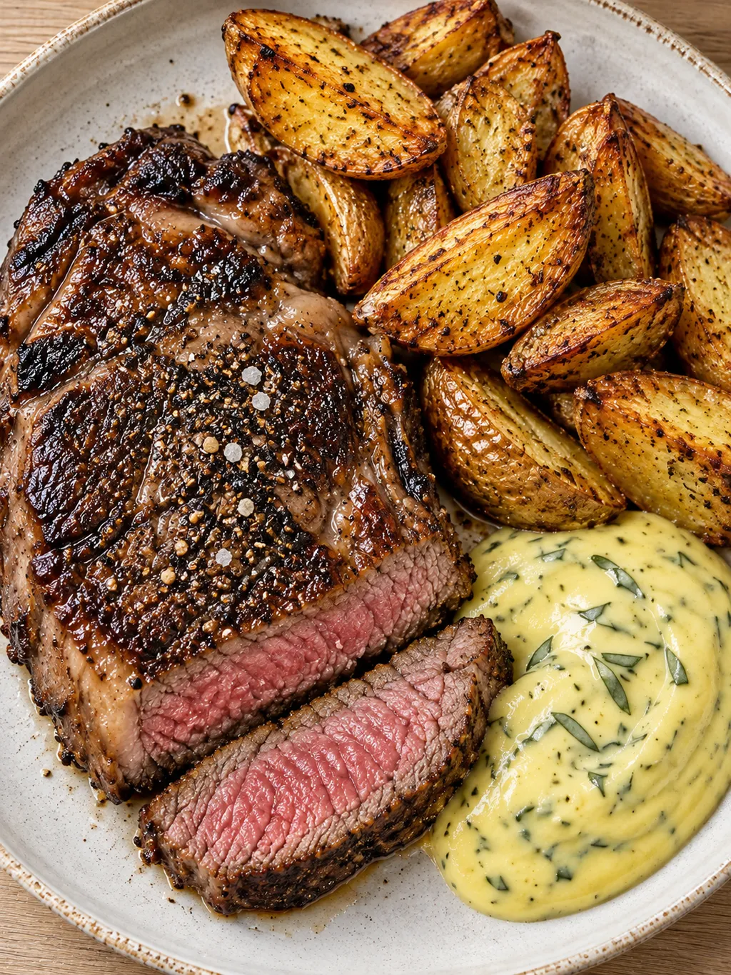 Entrecôte med hemlagad bearnaisesås och frasiga potatisklyftor på ljus tallrik