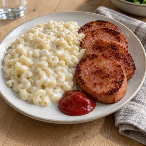 Brynt falukorv med krämiga stuvade makaroner och en liten klick ketchup