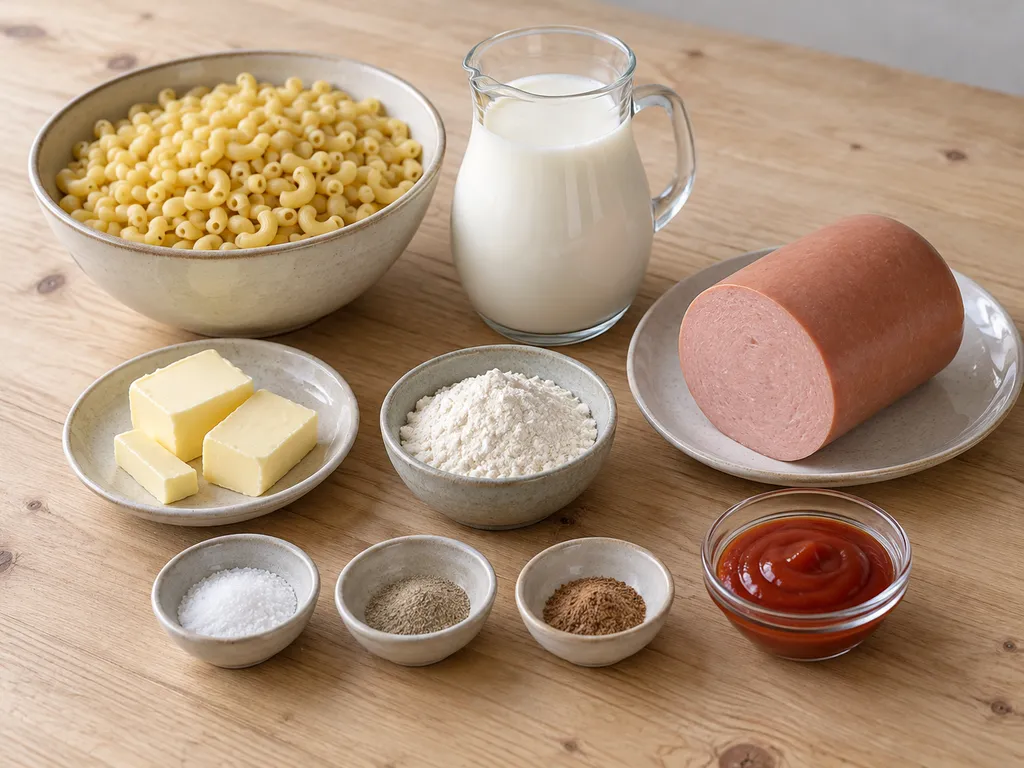Falukorv, torra makaroner, mjölk, smör, mjöl och kryddor i separata kärl