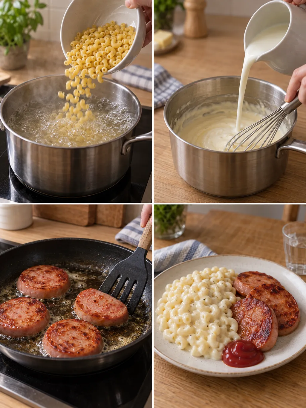 Makaronkokning, mjölkstuvning, korvstekning och färdig falukorv med stuvade makaroner