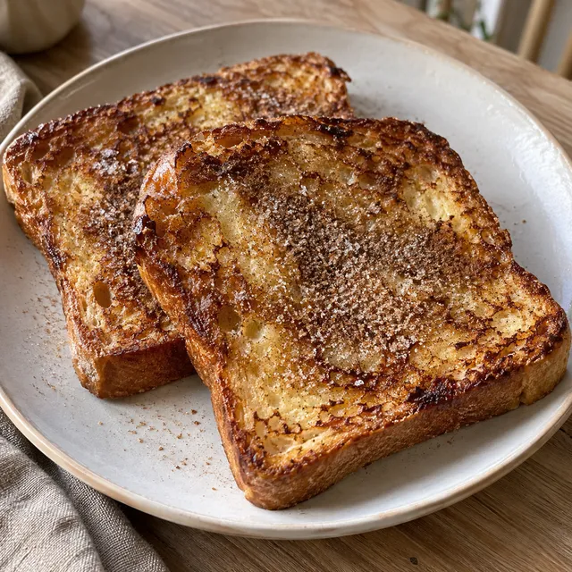 Två gyllene fattiga riddare med kanelsocker på en ljus tallrik