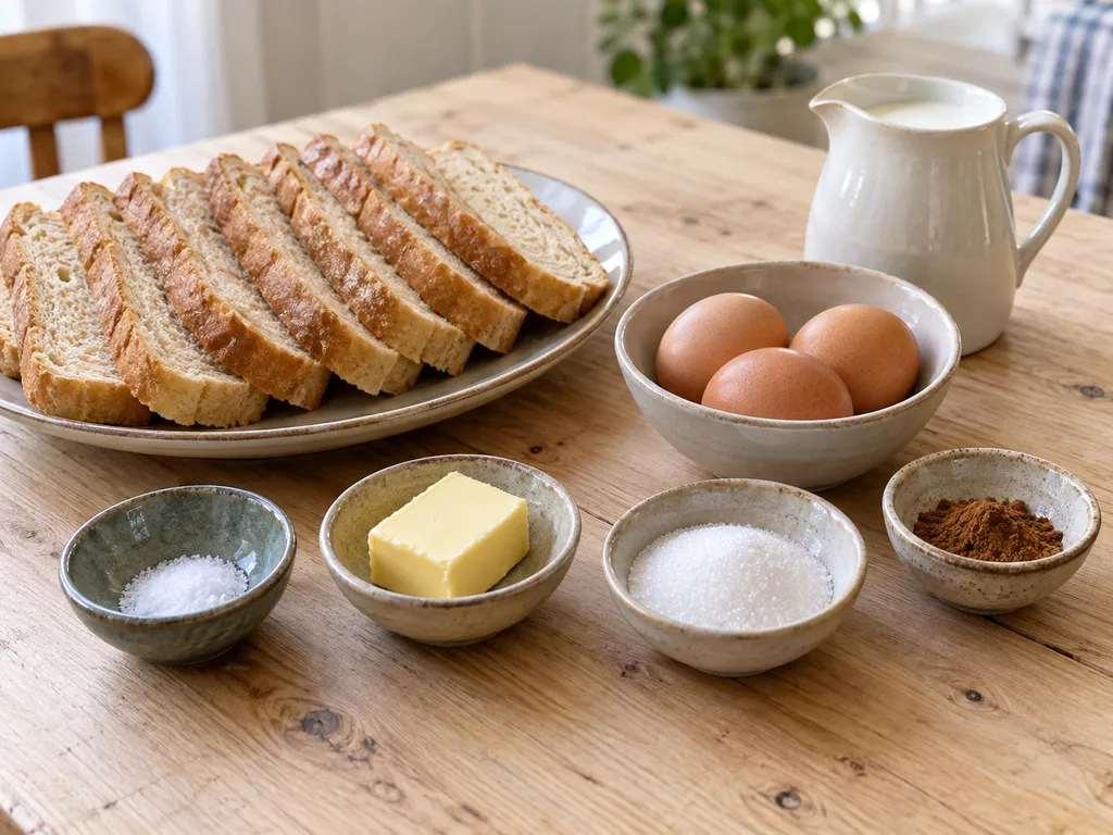Bröd, tre ägg, mjölk, smör, salt, socker och kanel till fattiga riddare